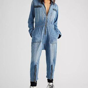 Sandrine Rose and Free People X Zip Denim Style Jumpsuit in Indigo Stripe M